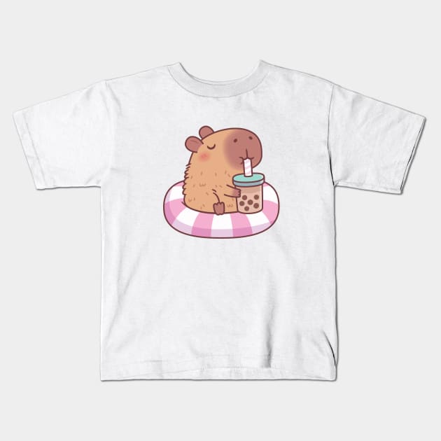 Cute Capybara On Pool Float Drinking Bubble Tea Kids T-Shirt by rustydoodle